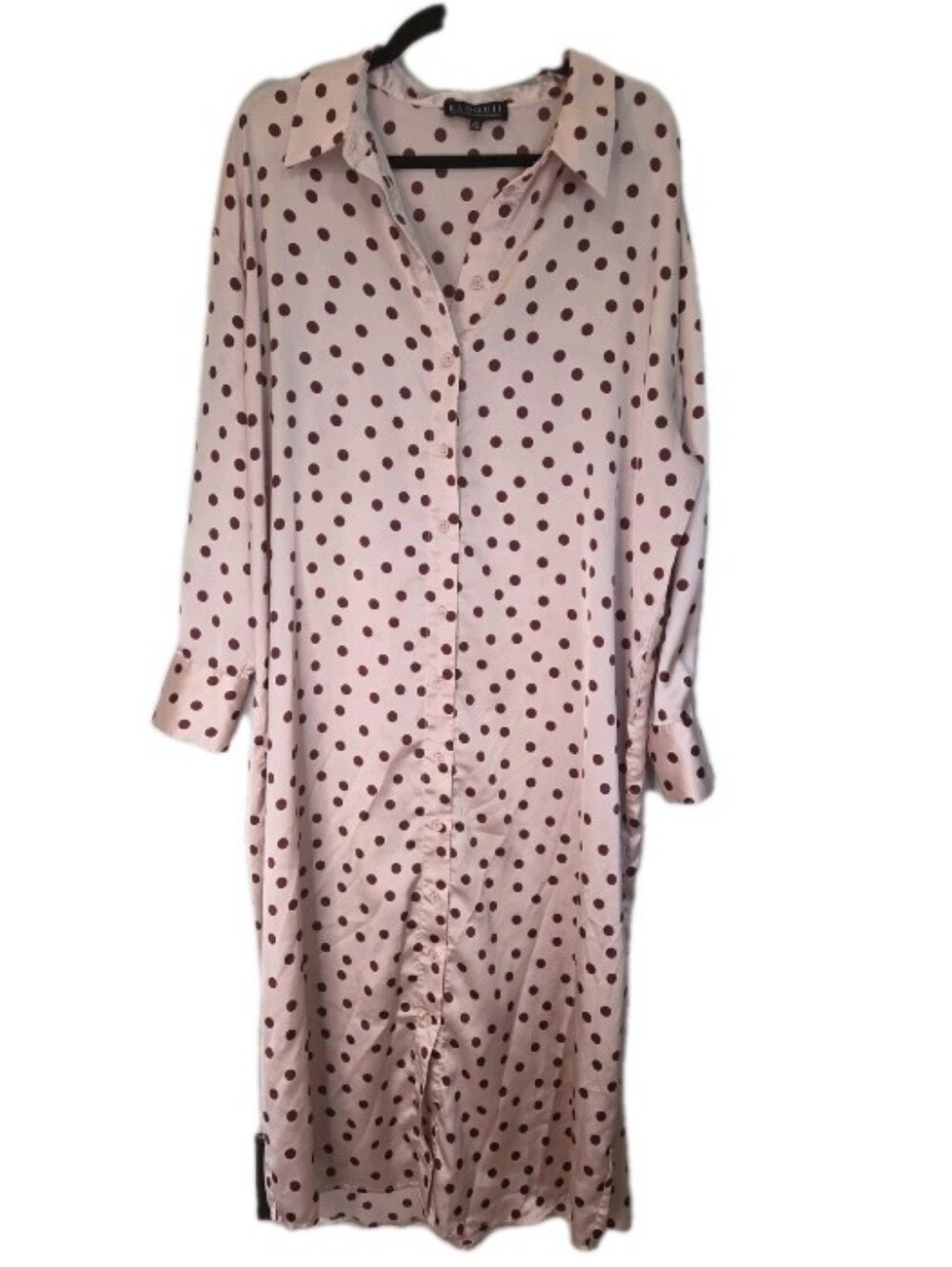 Eloquii Pink Polka Dot Satin Maxi Shirt Dress Size 18 Button Front Long Sleeve